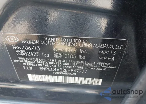 2014 Hyundai Sonata Se 2.0T из США, поврежденный, VIN 5NPEC4AB2EH847777